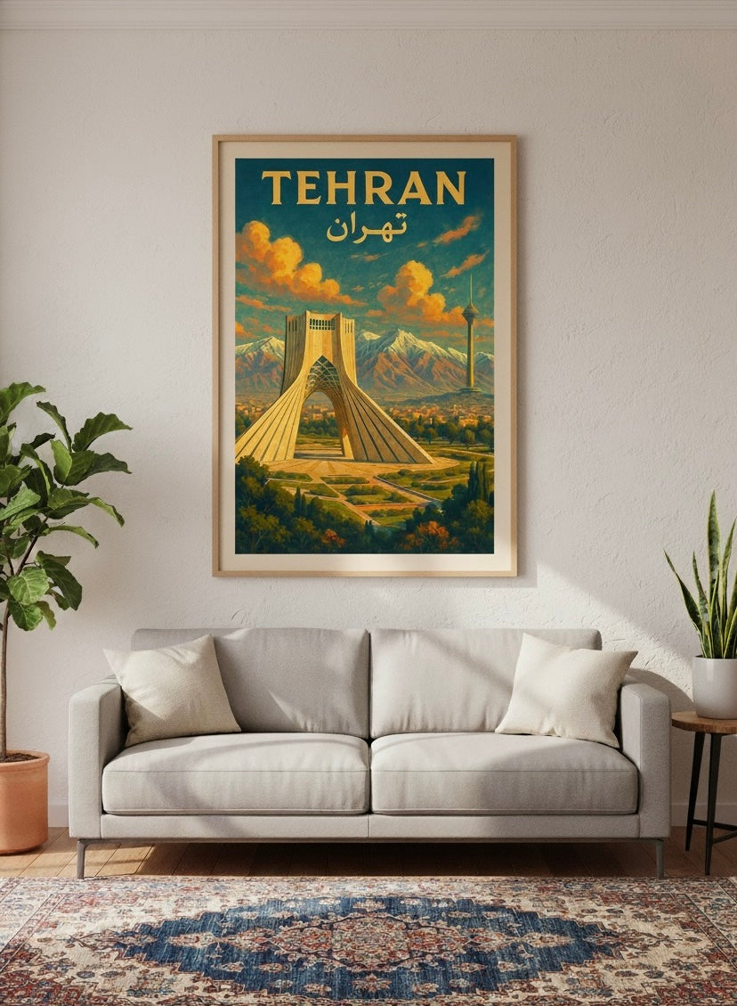 Tehran Poster | Persian Wall Art Print | Azadi Milad Tower Poster | Alborz Mountains Art | Vintage Iranian City Travel Decor
