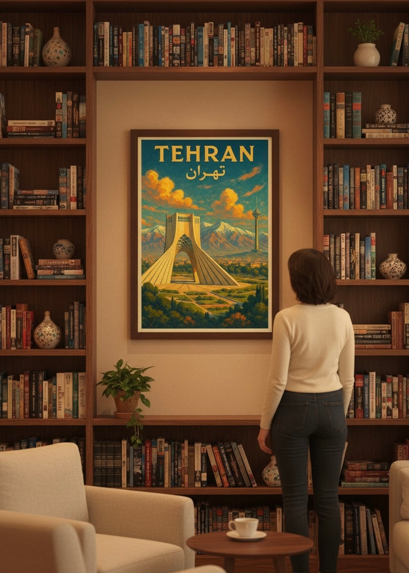 Tehran Poster | Persian Wall Art Print | Azadi Milad Tower Poster | Alborz Mountains Art | Vintage Iranian City Travel Decor