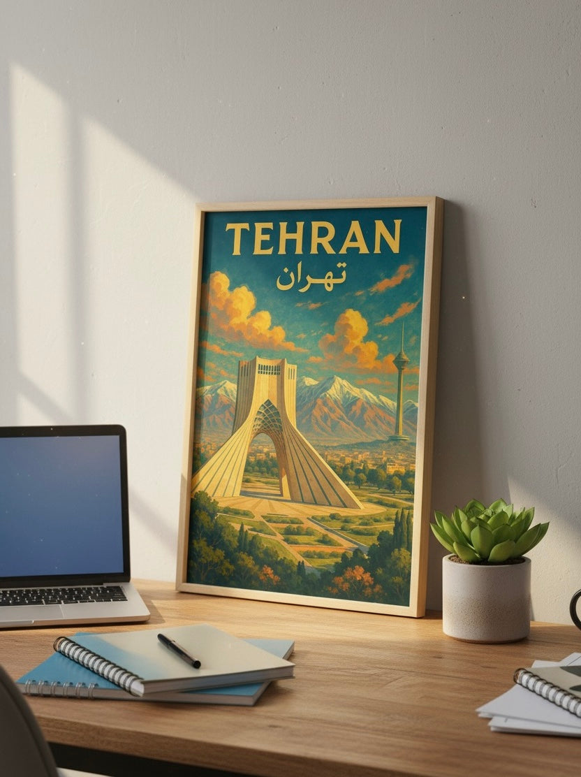 Tehran Poster | Persian Wall Art Print | Azadi Milad Tower Poster | Alborz Mountains Art | Vintage Iranian City Travel Decor
