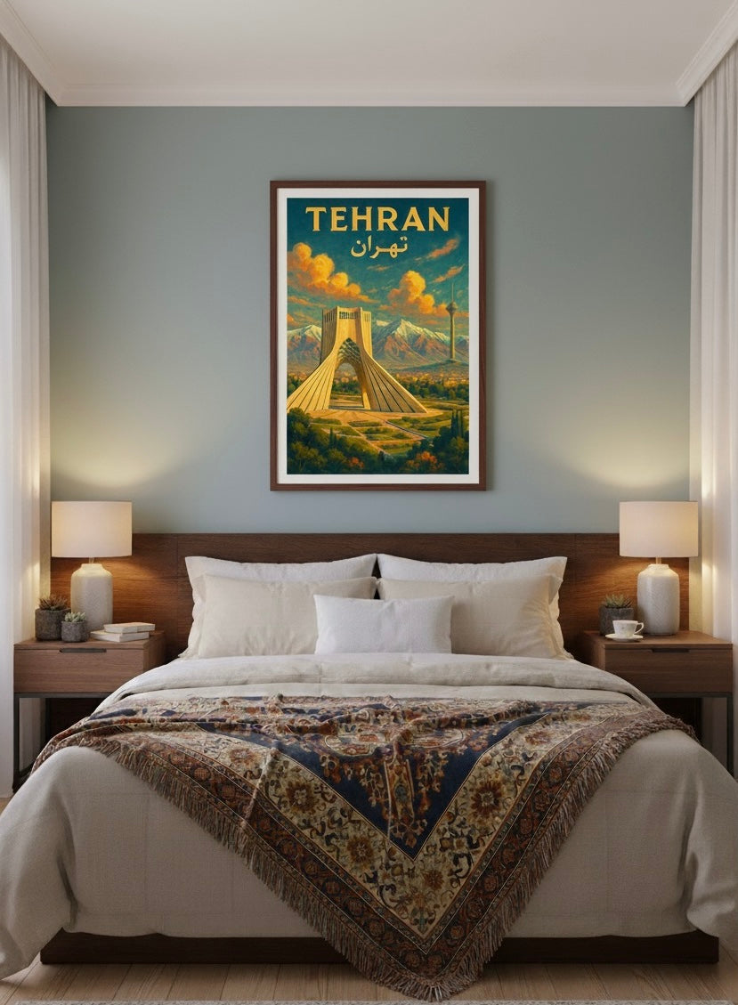 Tehran Poster | Persian Wall Art Print | Azadi Milad Tower Poster | Alborz Mountains Art | Vintage Iranian City Travel Decor