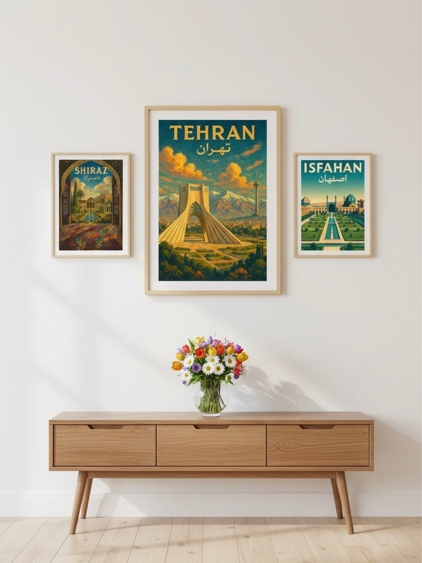 Tehran Poster | Persian Wall Art Print | Azadi Milad Tower Poster | Alborz Mountains Art | Vintage Iranian City Travel Decor
