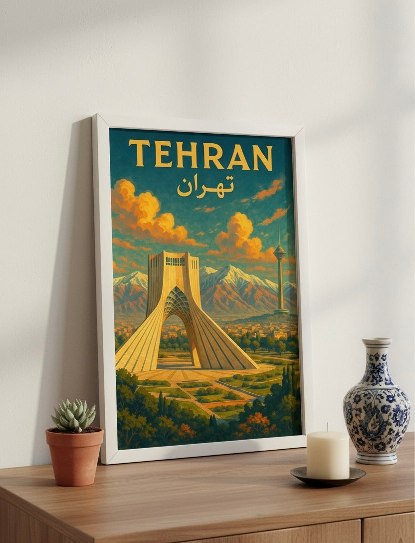 Tehran Poster | Persian Wall Art Print | Azadi Milad Tower Poster | Alborz Mountains Art | Vintage Iranian City Travel Decor