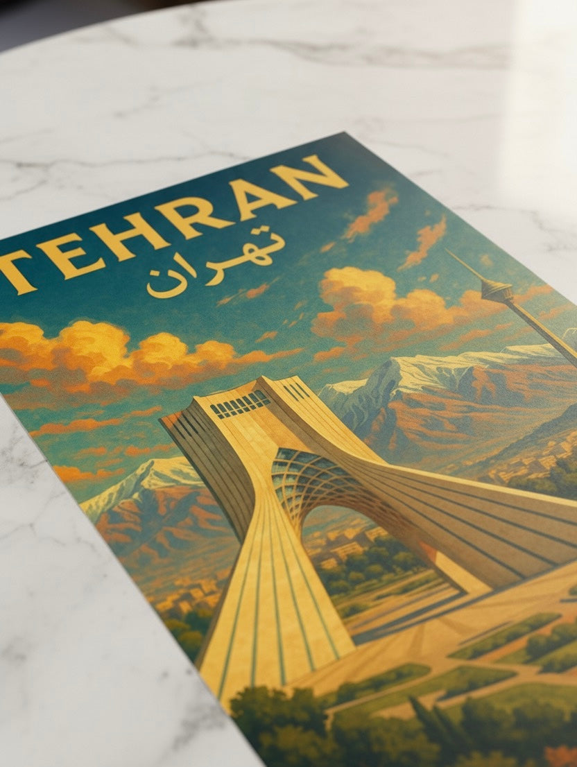 Tehran Poster | Persian Wall Art Print | Azadi Milad Tower Poster | Alborz Mountains Art | Vintage Iranian City Travel Decor