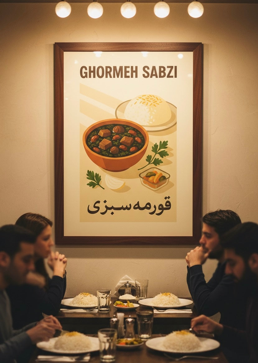 Ghormeh Sabzi Print | Persian Food Art Poster | Iranian Kitchen Decor | Vintage Persian National Cuisine Wall Art | Middle East Cultural Art
