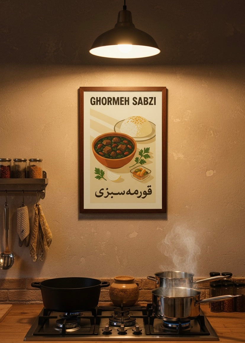 Ghormeh Sabzi Print | Persian Food Art Poster | Iranian Kitchen Decor | Vintage Persian National Cuisine Wall Art | Middle East Cultural Art