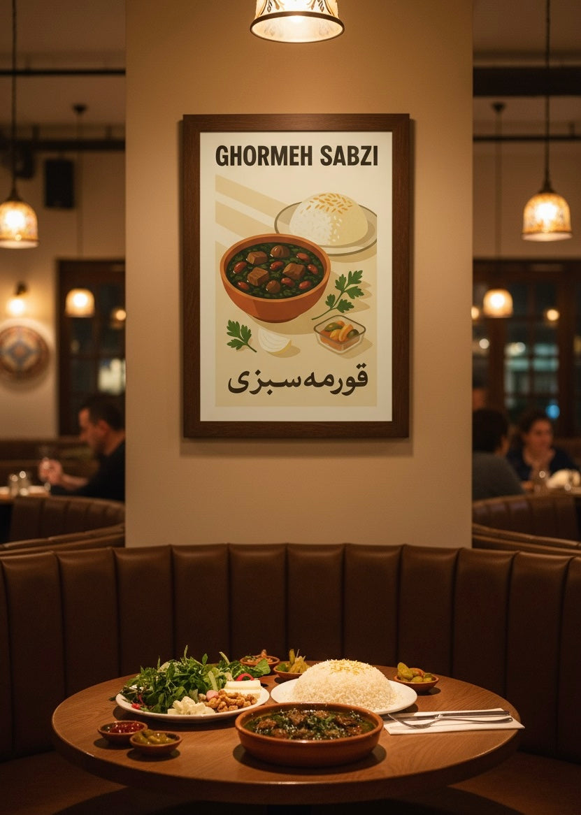 Ghormeh Sabzi Print | Persian Food Art Poster | Iranian Kitchen Decor | Vintage Persian National Cuisine Wall Art | Middle East Cultural Art