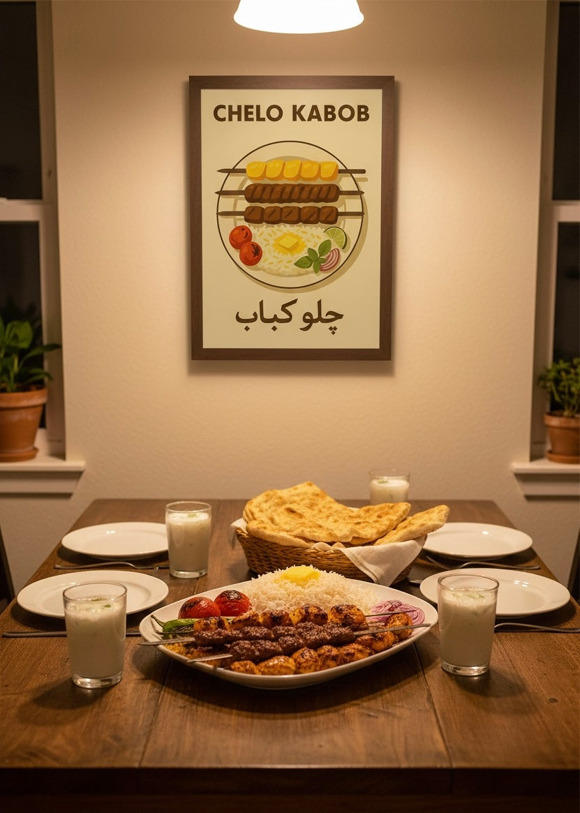 Persian Food Art Poster | Chelo Kabob Print | Iranian Kitchen Decor | Vintage Persian National Cuisine Wall Art | Middle East Kebab Culture