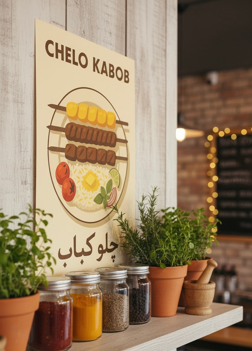 Persian Food Art Poster | Chelo Kabob Print | Iranian Kitchen Decor | Vintage Persian National Cuisine Wall Art | Middle East Kebab Culture