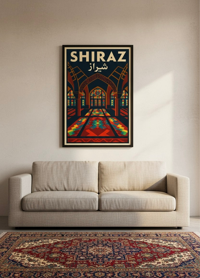 Shiraz Print | Persian Wall Art Poster | Pink Mosque Art Deco Print | Iranian City Vintage Travel Decor | Retro Home Gift for Travelers