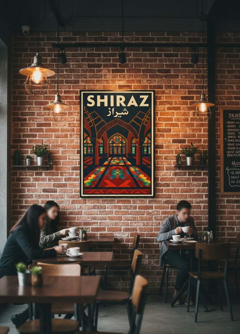 Shiraz Print | Persian Wall Art Poster | Pink Mosque Art Deco Print | Iranian City Vintage Travel Decor | Retro Home Gift for Travelers