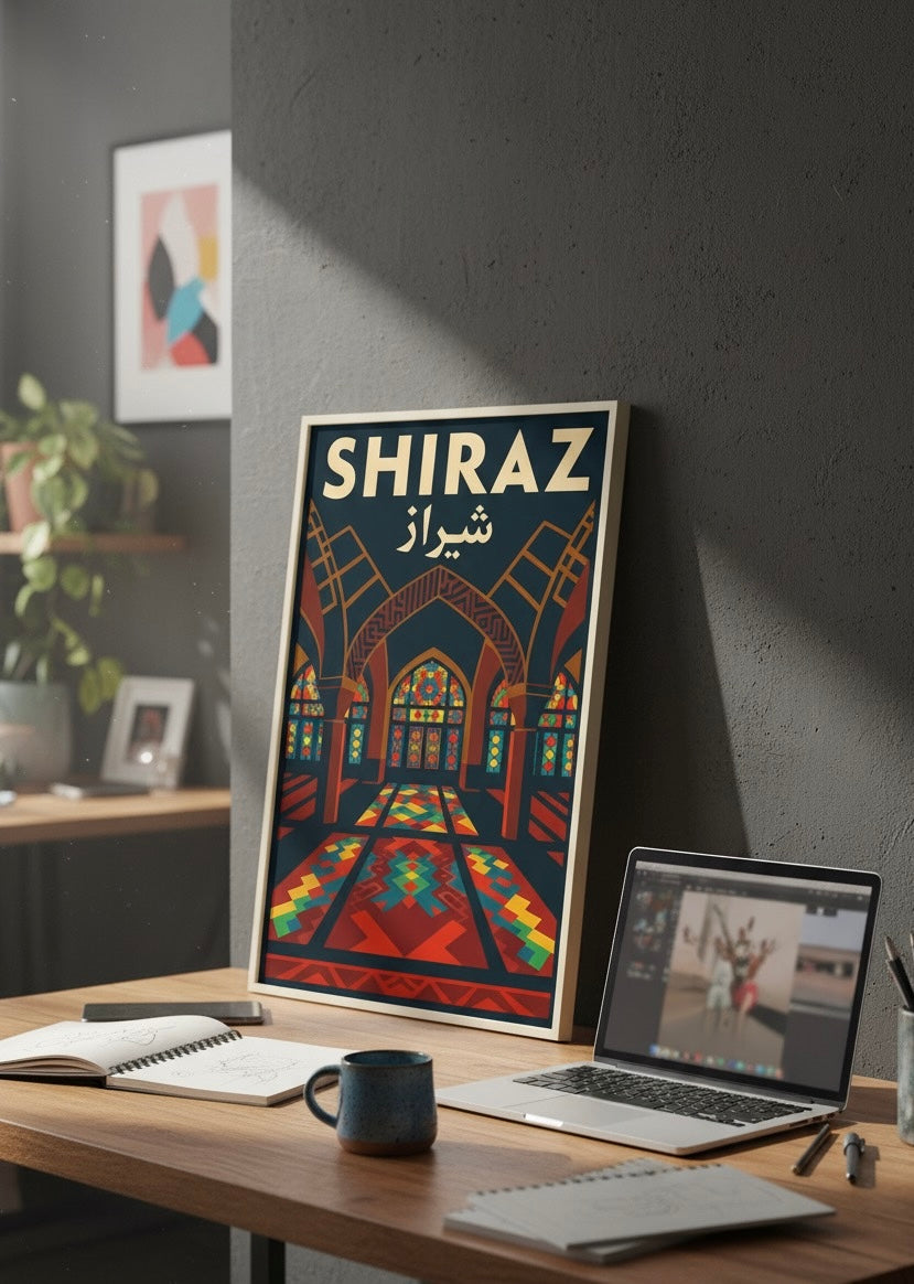 Shiraz Print | Persian Wall Art Poster | Pink Mosque Art Deco Print | Iranian City Vintage Travel Decor | Retro Home Gift for Travelers