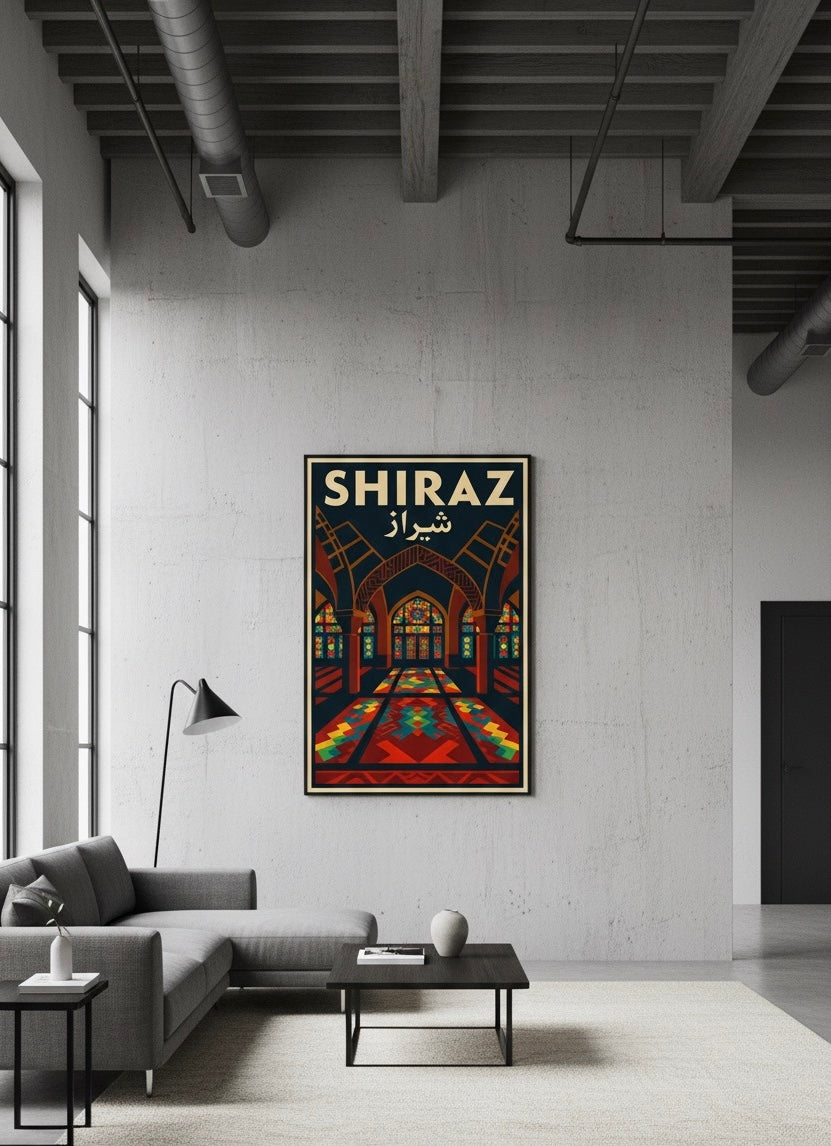 Shiraz Print | Persian Wall Art Poster | Pink Mosque Art Deco Print | Iranian City Vintage Travel Decor | Retro Home Gift for Travelers