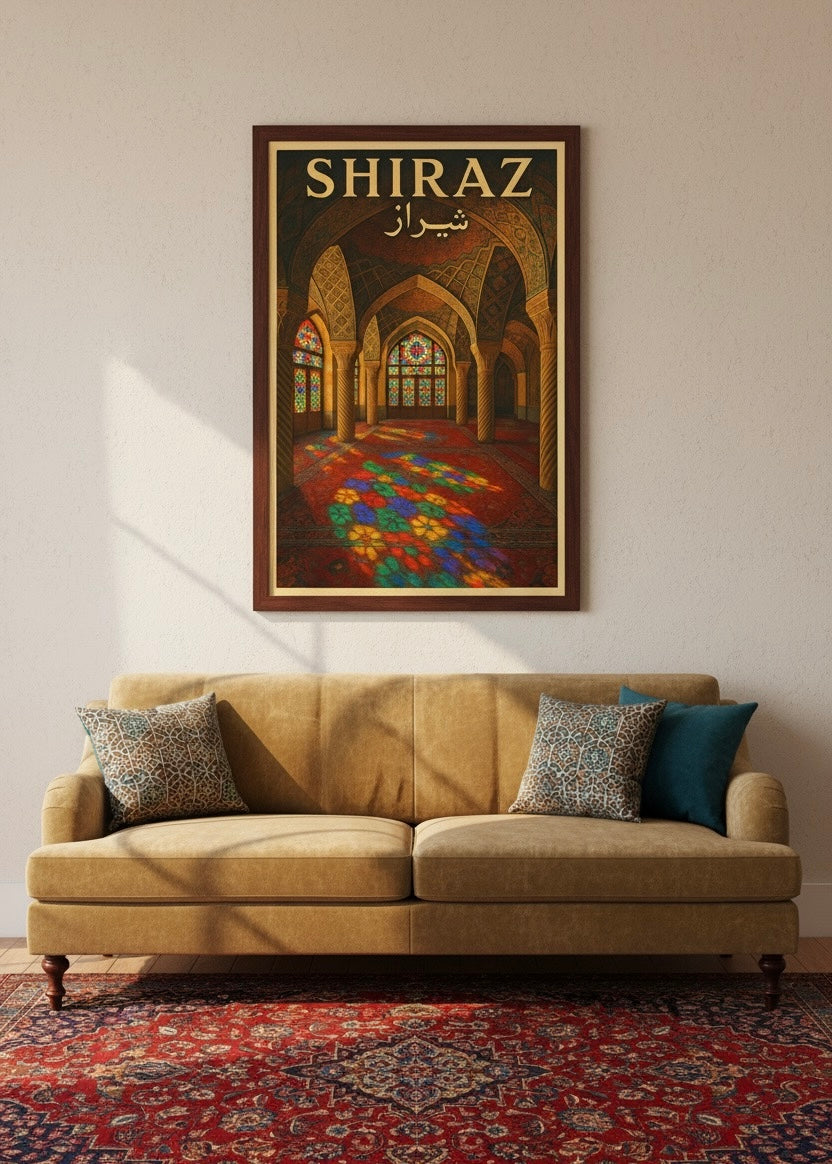 Shiraz Poster | Persian Wall Art Print | Pink Mosque Nasir al-Mulk Poster | Vintage Iranian City Travel Decor