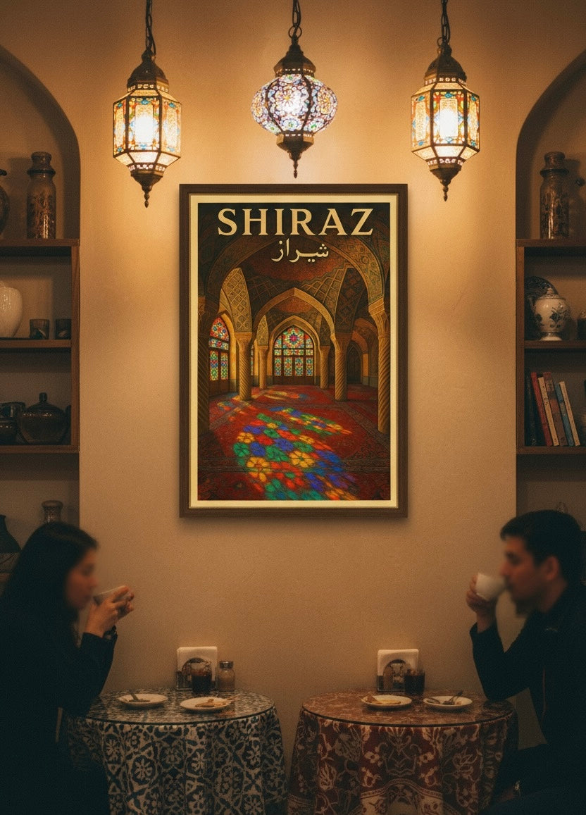 Shiraz Poster | Persian Wall Art Print | Pink Mosque Nasir al-Mulk Poster | Vintage Iranian City Travel Decor