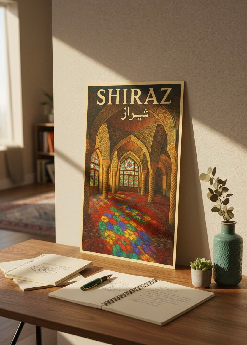 Shiraz Poster | Persian Wall Art Print | Pink Mosque Nasir al-Mulk Poster | Vintage Iranian City Travel Decor