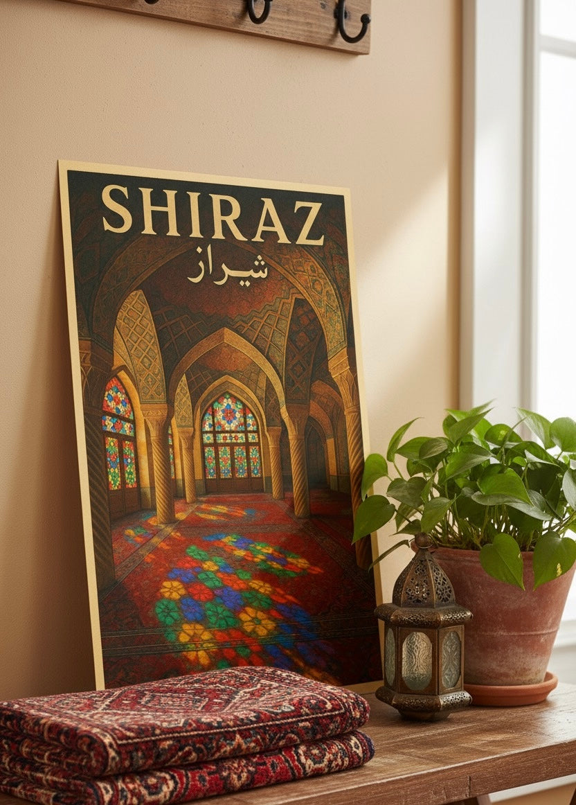 Shiraz Poster | Persian Wall Art Print | Pink Mosque Nasir al-Mulk Poster | Vintage Iranian City Travel Decor
