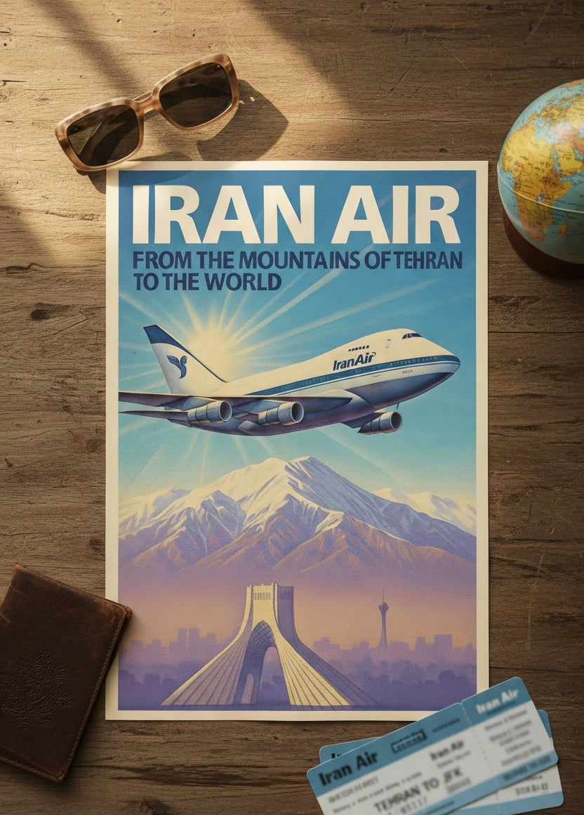 Tehran 1970s Iran Air Poster | Persian Wall Art Print | Pahlavi Era Travel Poster | Azadi Tower Vintage Print | Alborz Mountains Wall Art