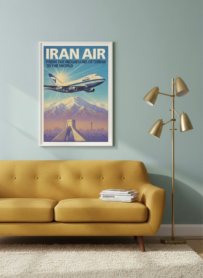 Tehran 1970s Iran Air Poster | Persian Wall Art Print | Pahlavi Era Travel Poster | Azadi Tower Vintage Print | Alborz Mountains Wall Art