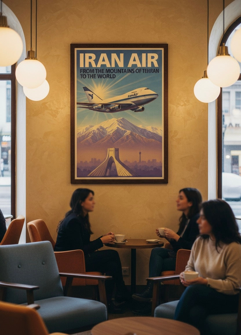 Tehran 1970s Iran Air Poster | Persian Wall Art Print | Pahlavi Era Travel Poster | Azadi Tower Vintage Print | Alborz Mountains Wall Art