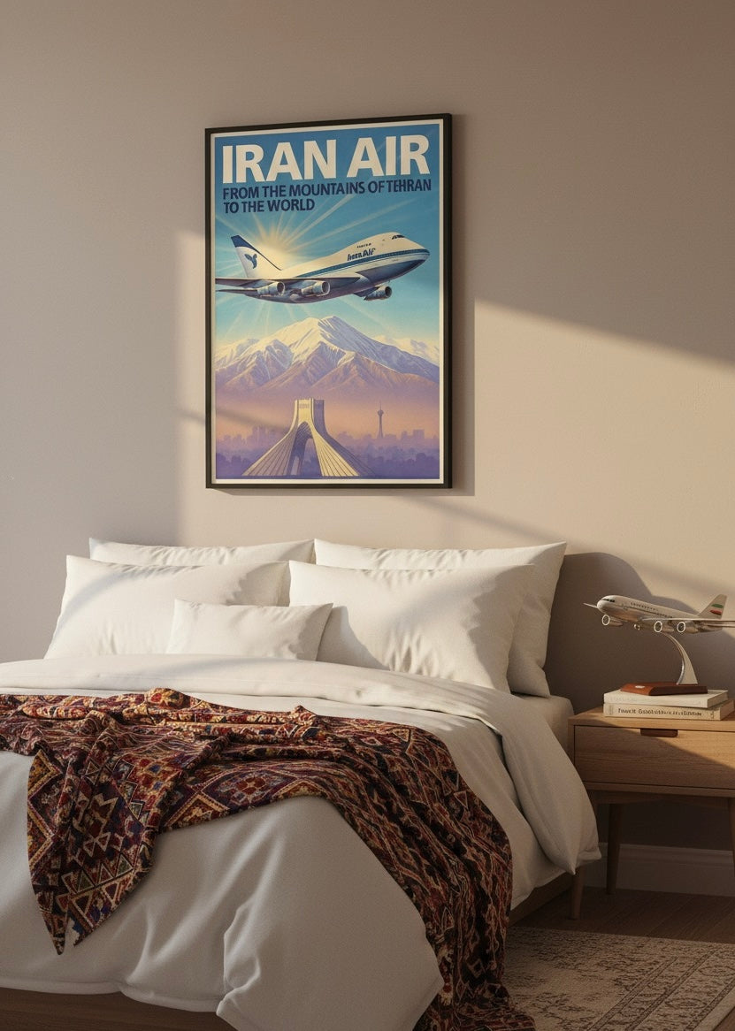 Tehran 1970s Iran Air Poster | Persian Wall Art Print | Pahlavi Era Travel Poster | Azadi Tower Vintage Print | Alborz Mountains Wall Art