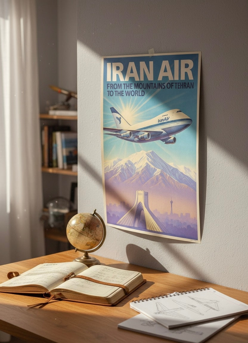 Tehran 1970s Iran Air Poster | Persian Wall Art Print | Pahlavi Era Travel Poster | Azadi Tower Vintage Print | Alborz Mountains Wall Art