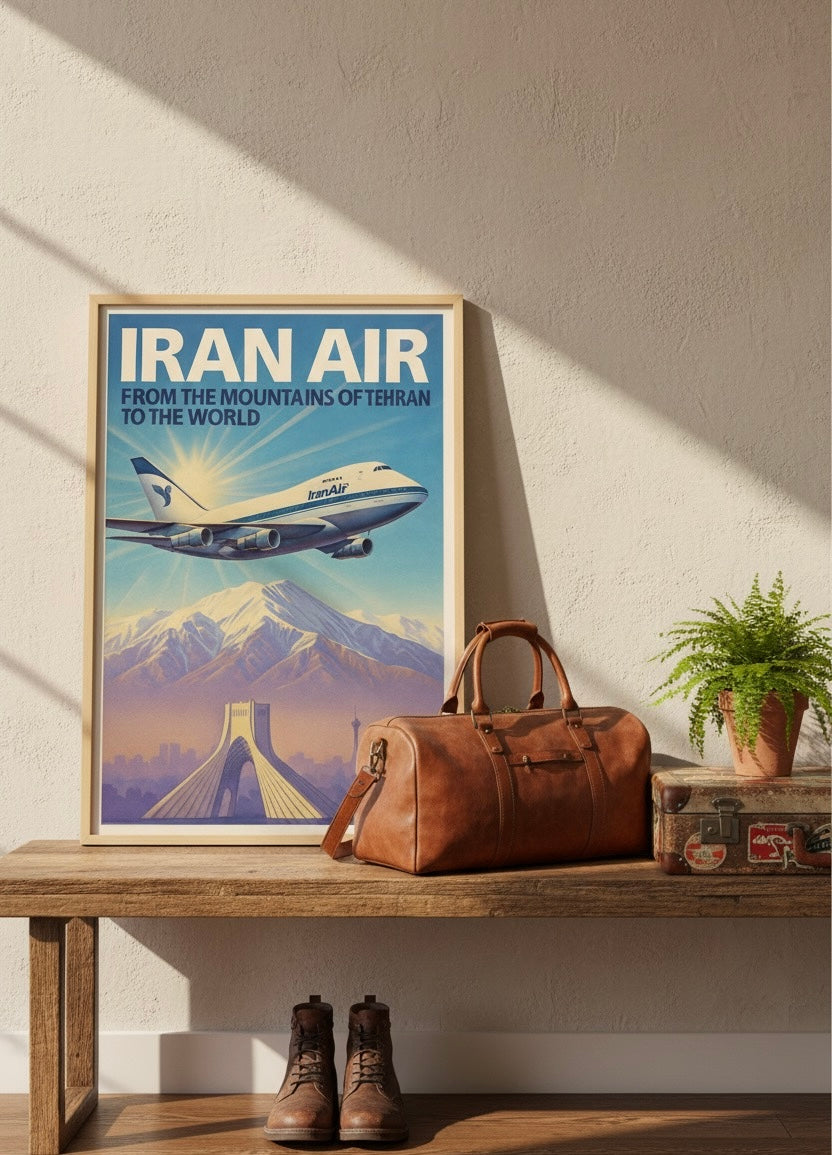 Tehran 1970s Iran Air Poster | Persian Wall Art Print | Pahlavi Era Travel Poster | Azadi Tower Vintage Print | Alborz Mountains Wall Art