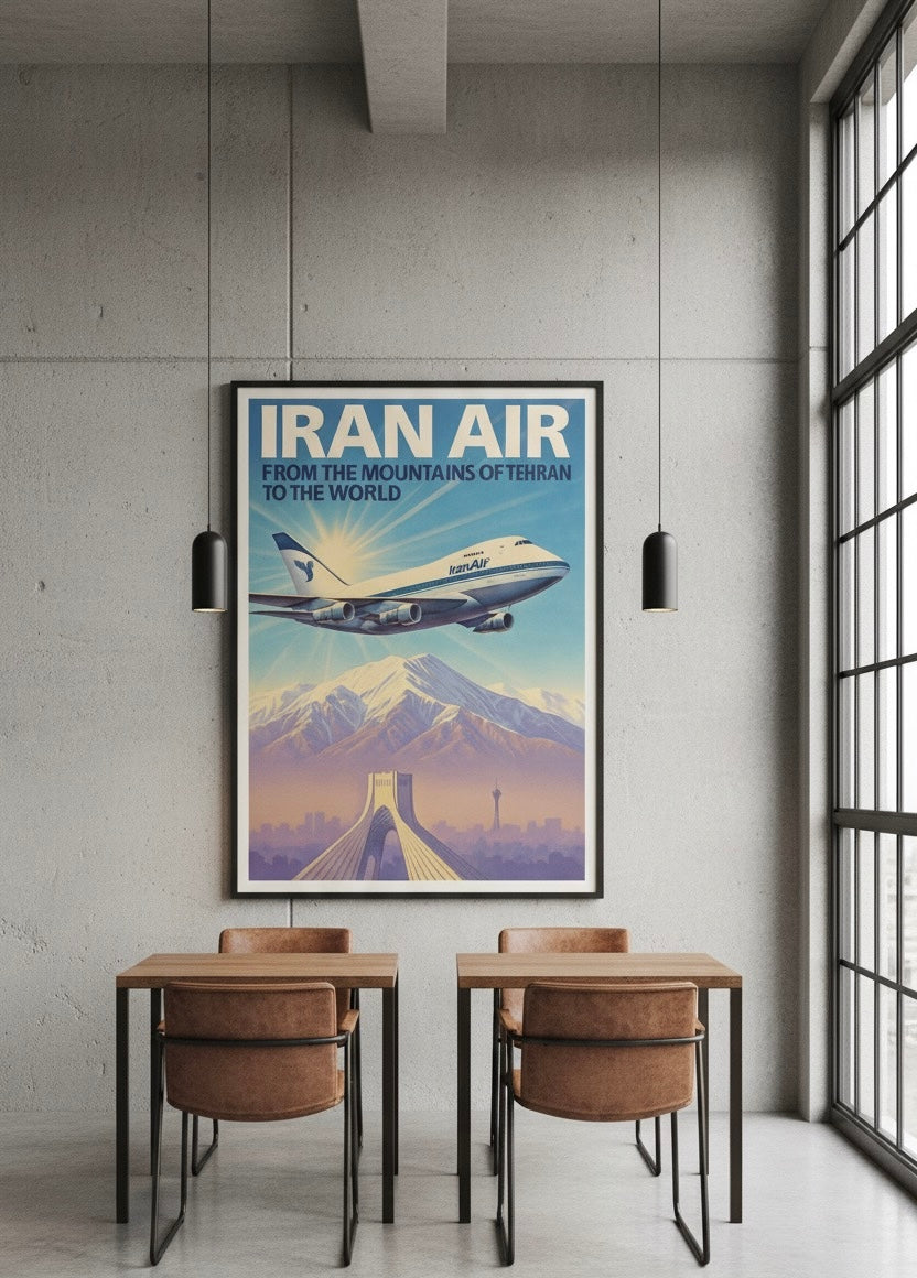 Tehran 1970s Iran Air Poster | Persian Wall Art Print | Pahlavi Era Travel Poster | Azadi Tower Vintage Print | Alborz Mountains Wall Art