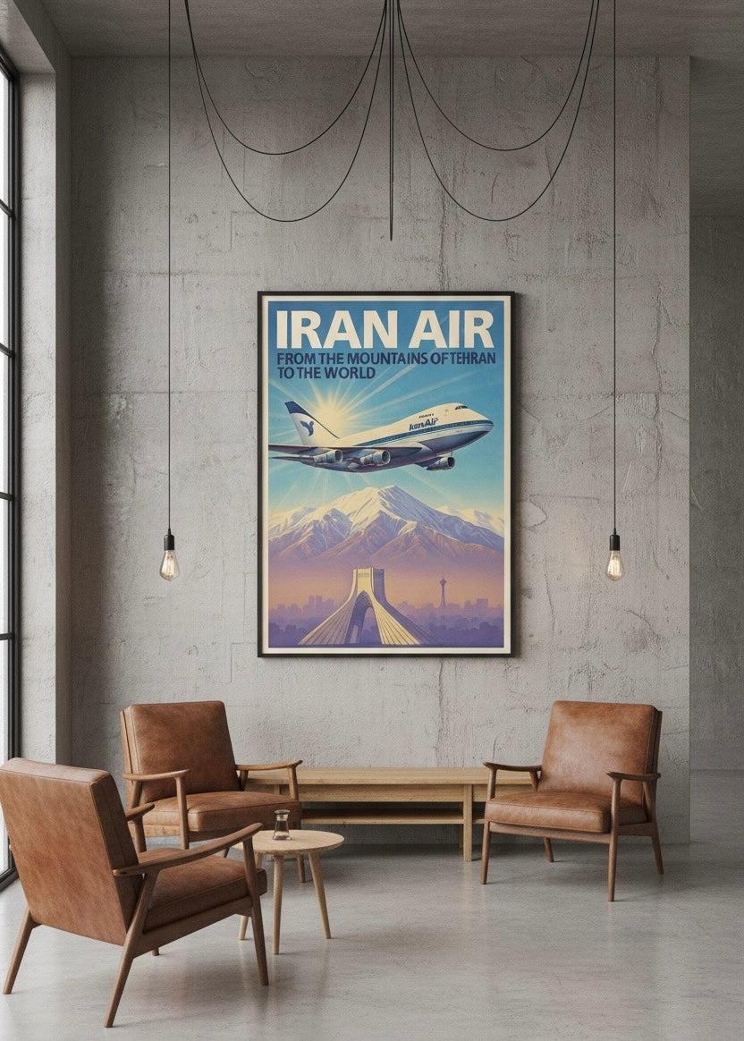 Tehran 1970s Iran Air Poster | Persian Wall Art Print | Pahlavi Era Travel Poster | Azadi Tower Vintage Print | Alborz Mountains Wall Art