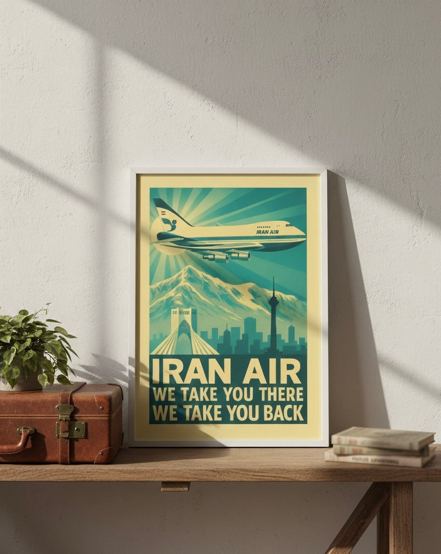 Tehran 1970s Iran Air Print | Persian Wall Art Poster | Azadi Tower Vintage Print | Alborz Mountains Wall Art | Pahlavi Era Travel Poster