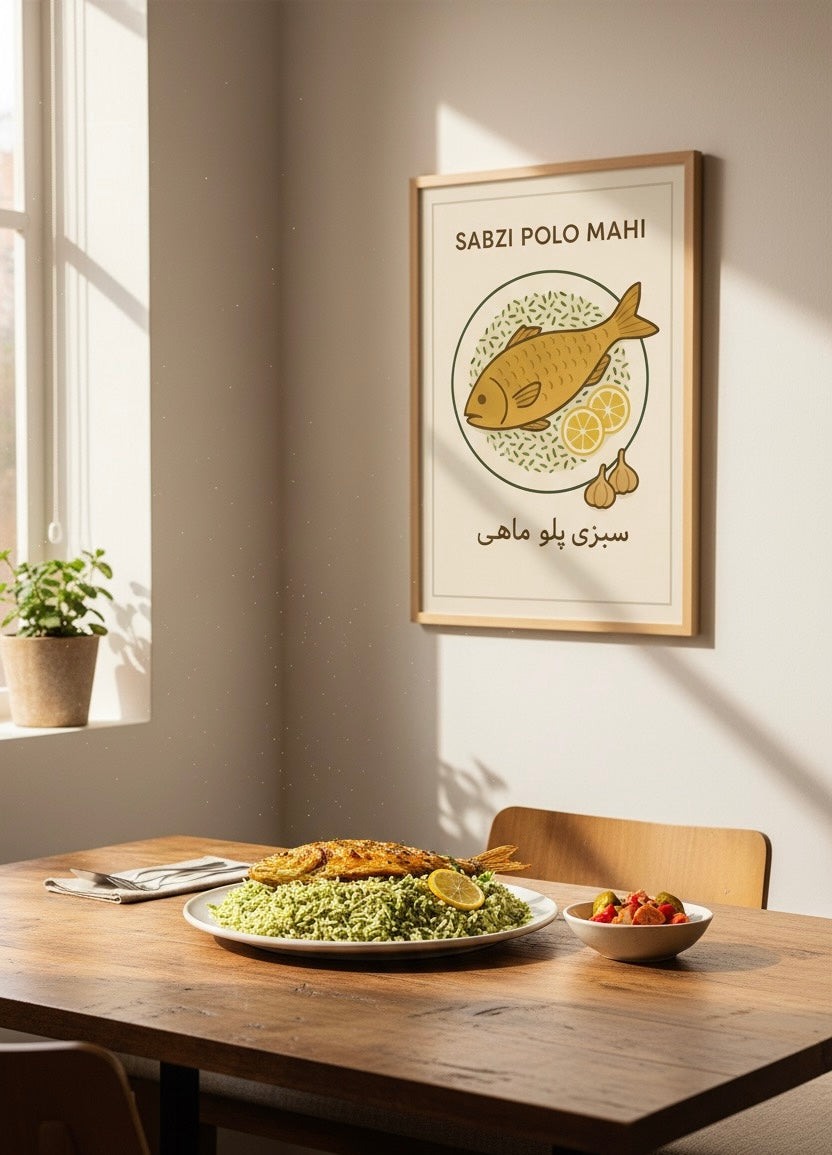 Persian Food Art Print | Sabzi Polo Mahi Poster | Iranian Kitchen Decor | Vintage Persian National Cuisine | Nowruz Fish & Herb Rice