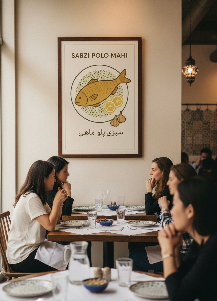 Persian Food Art Print | Sabzi Polo Mahi Poster | Iranian Kitchen Decor | Vintage Persian National Cuisine | Nowruz Fish & Herb Rice