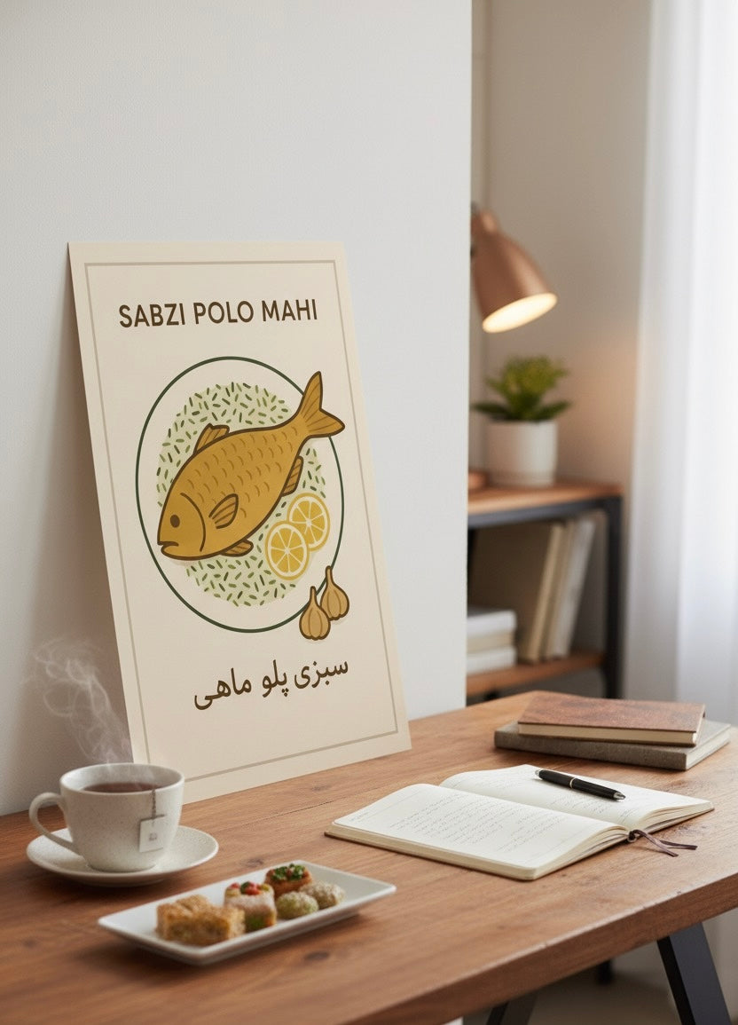 Persian Food Art Print | Sabzi Polo Mahi Poster | Iranian Kitchen Decor | Vintage Persian National Cuisine | Nowruz Fish & Herb Rice