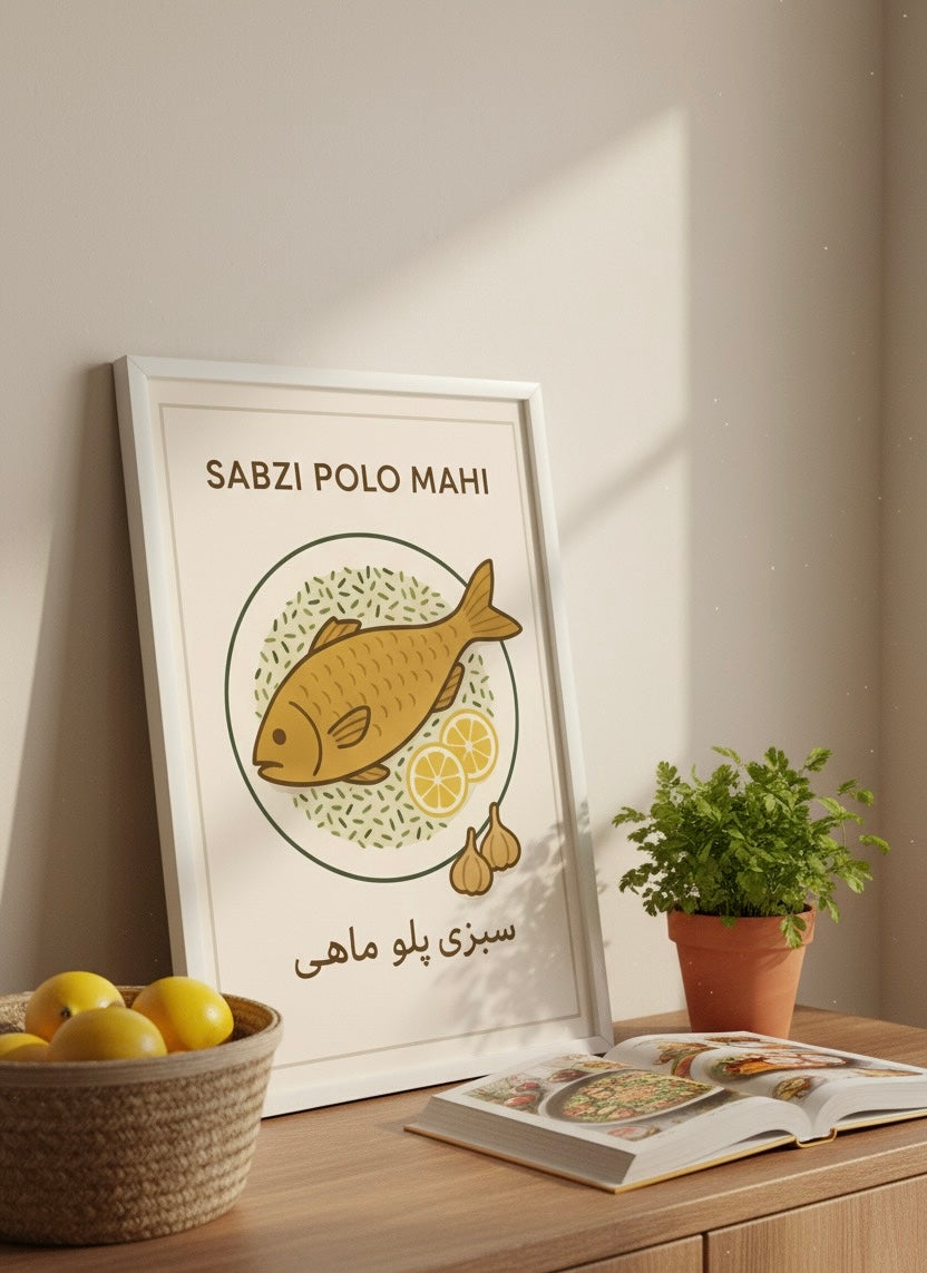 Persian Food Art Print | Sabzi Polo Mahi Poster | Iranian Kitchen Decor | Vintage Persian National Cuisine | Nowruz Fish & Herb Rice