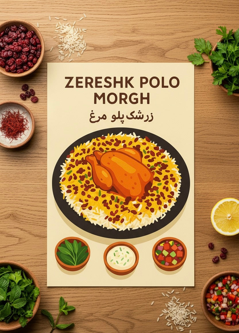 Persian Food Poster | Zereshk Polo Morgh Art Print | Iranian Kitchen Decor | Vintage Persian National Cuisine | Saffron Rice & Chicken