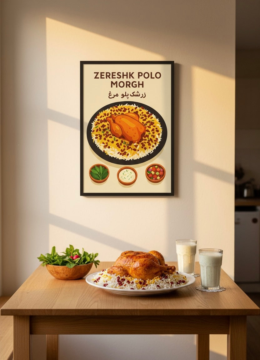 Persian Food Poster | Zereshk Polo Morgh Art Print | Iranian Kitchen Decor | Vintage Persian National Cuisine | Saffron Rice & Chicken