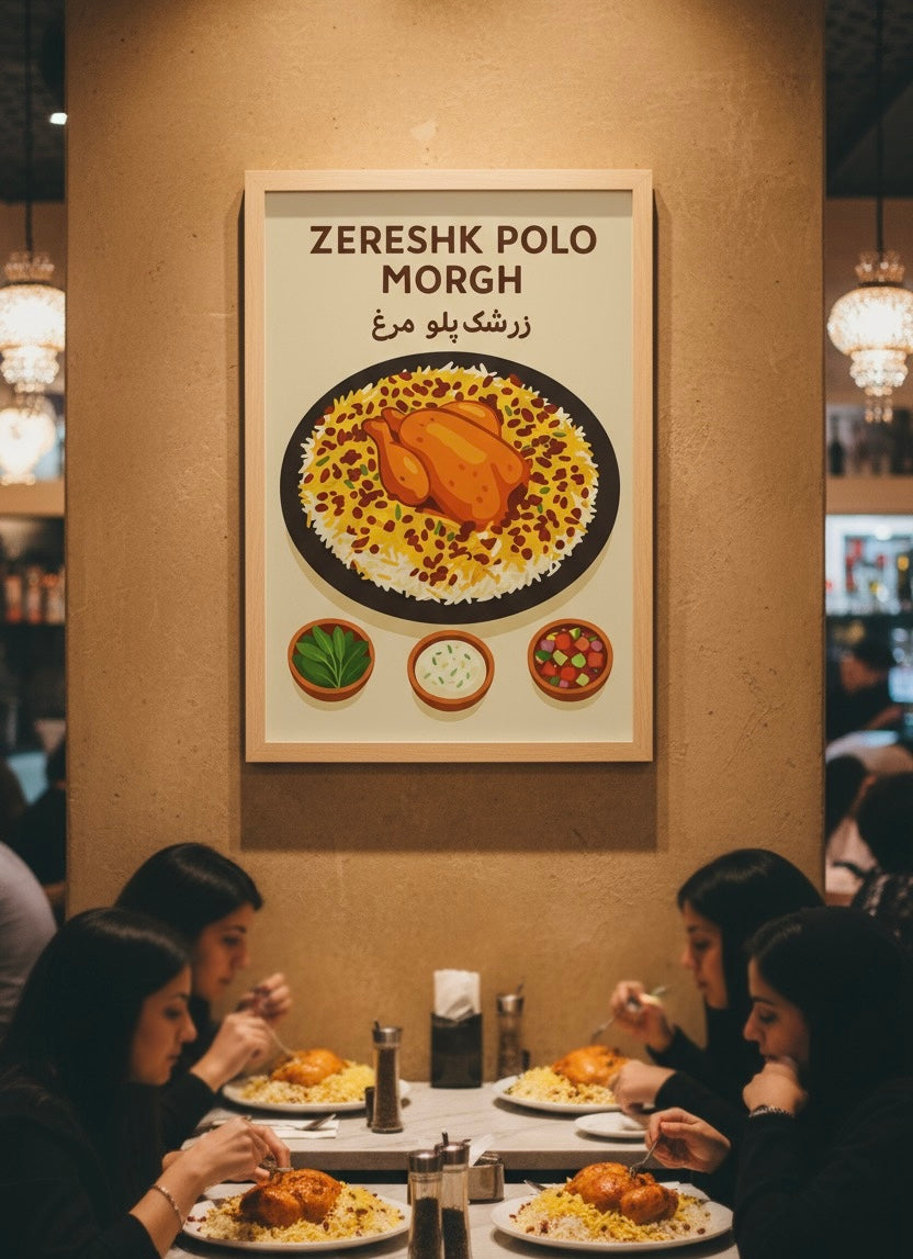 Persian Food Poster | Zereshk Polo Morgh Art Print | Iranian Kitchen Decor | Vintage Persian National Cuisine | Saffron Rice & Chicken