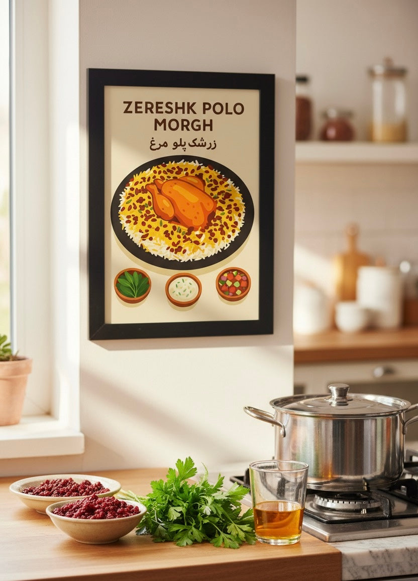 Persian Food Poster | Zereshk Polo Morgh Art Print | Iranian Kitchen Decor | Vintage Persian National Cuisine | Saffron Rice & Chicken