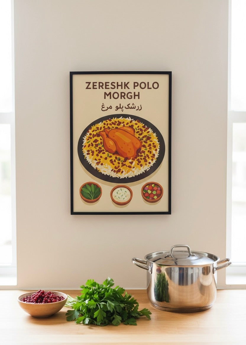Persian Food Poster | Zereshk Polo Morgh Art Print | Iranian Kitchen Decor | Vintage Persian National Cuisine | Saffron Rice & Chicken