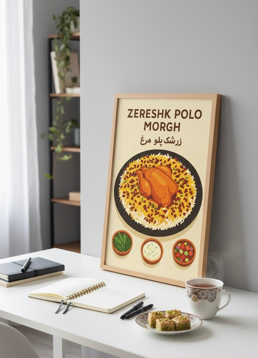 Persian Food Poster | Zereshk Polo Morgh Art Print | Iranian Kitchen Decor | Vintage Persian National Cuisine | Saffron Rice & Chicken