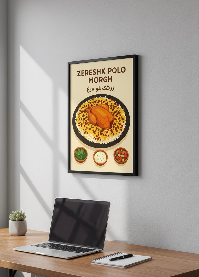 Persian Food Poster | Zereshk Polo Morgh Art Print | Iranian Kitchen Decor | Vintage Persian National Cuisine | Saffron Rice & Chicken