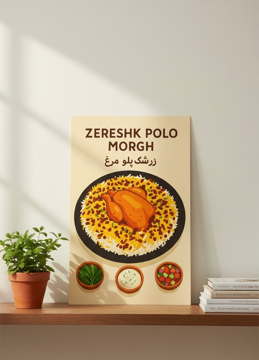 Persian Food Poster | Zereshk Polo Morgh Art Print | Iranian Kitchen Decor | Vintage Persian National Cuisine | Saffron Rice & Chicken