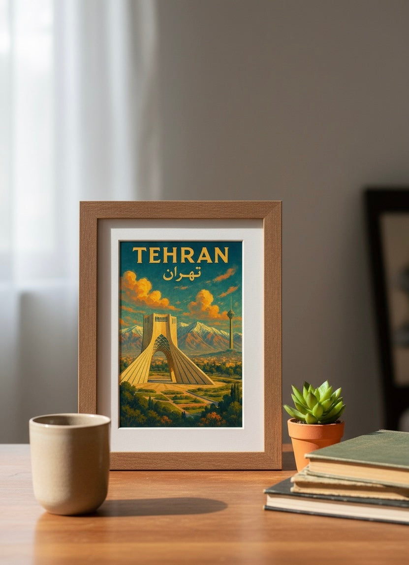 Tehran Poster | Persian Wall Art Print | Azadi Milad Tower Poster | Alborz Mountains Art | Vintage Iranian City Travel Decor