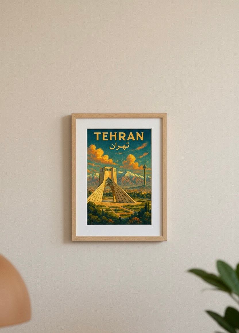 Tehran Poster | Persian Wall Art Print | Azadi Milad Tower Poster | Alborz Mountains Art | Vintage Iranian City Travel Decor