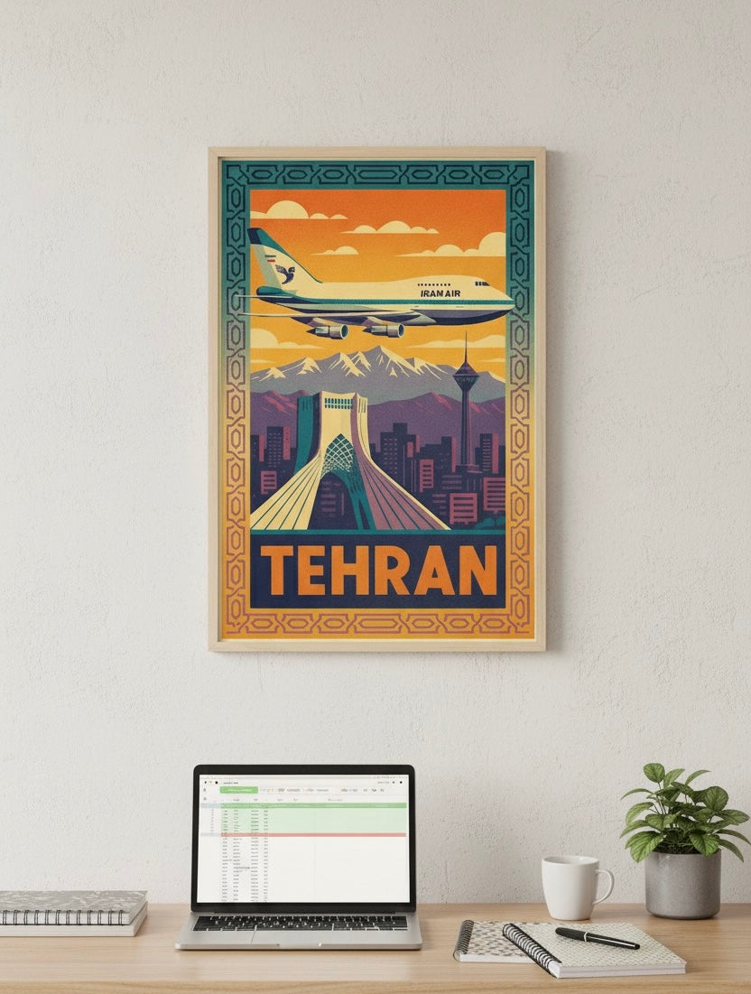 Tehran Vintage Travel Poster | Persian Wall Art | Azadi Tower Print | Alborz Mountains Wall Art | Retro Iran Poster