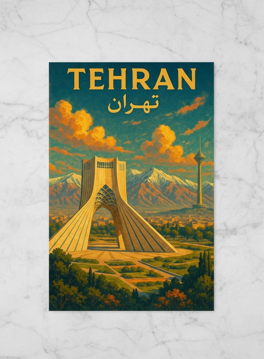 Tehran Poster | Persian Wall Art Print | Azadi Milad Tower Poster | Alborz Mountains Art | Vintage Iranian City Travel Decor