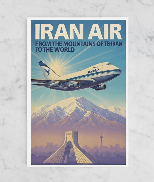 Tehran 1970s Iran Air Poster | Persian Wall Art Print | Pahlavi Era Travel Poster | Azadi Tower Vintage Print | Alborz Mountains Wall Art