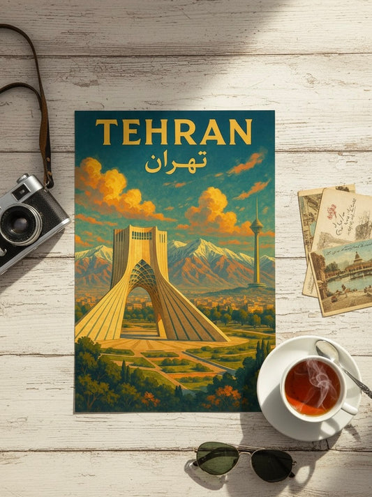 Tehran Poster | Persian Wall Art Print | Azadi Milad Tower Poster | Alborz Mountains Art | Vintage Iranian City Travel Decor