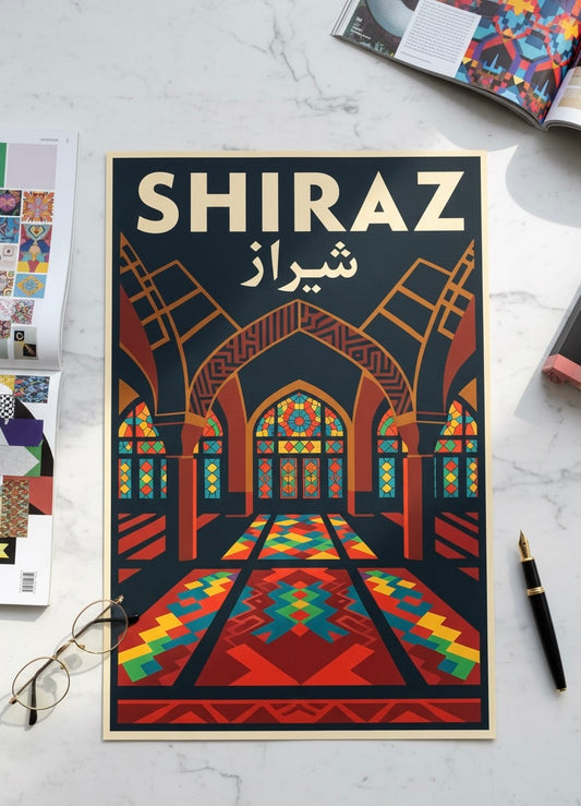 Shiraz Print | Persian Wall Art Poster | Pink Mosque Art Deco Print | Iranian City Vintage Travel Decor | Retro Home Gift for Travelers