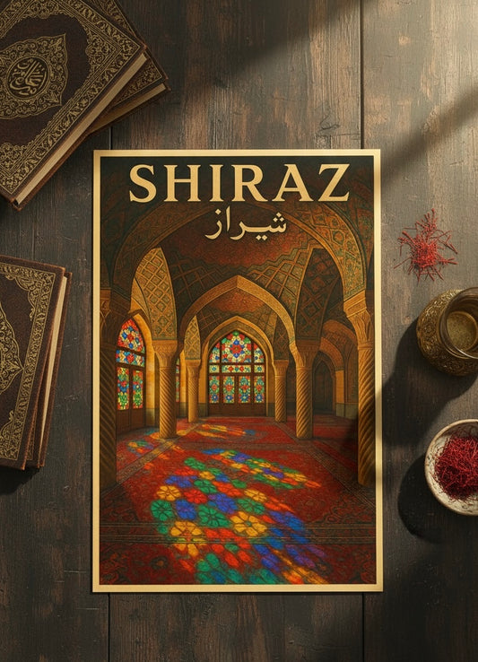 Shiraz Poster | Persian Wall Art Print | Pink Mosque Nasir al-Mulk Poster | Vintage Iranian City Travel Decor