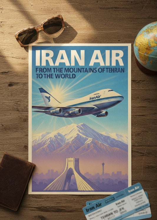 Tehran 1970s Iran Air Poster | Persian Wall Art Print | Pahlavi Era Travel Poster | Azadi Tower Vintage Print | Alborz Mountains Wall Art